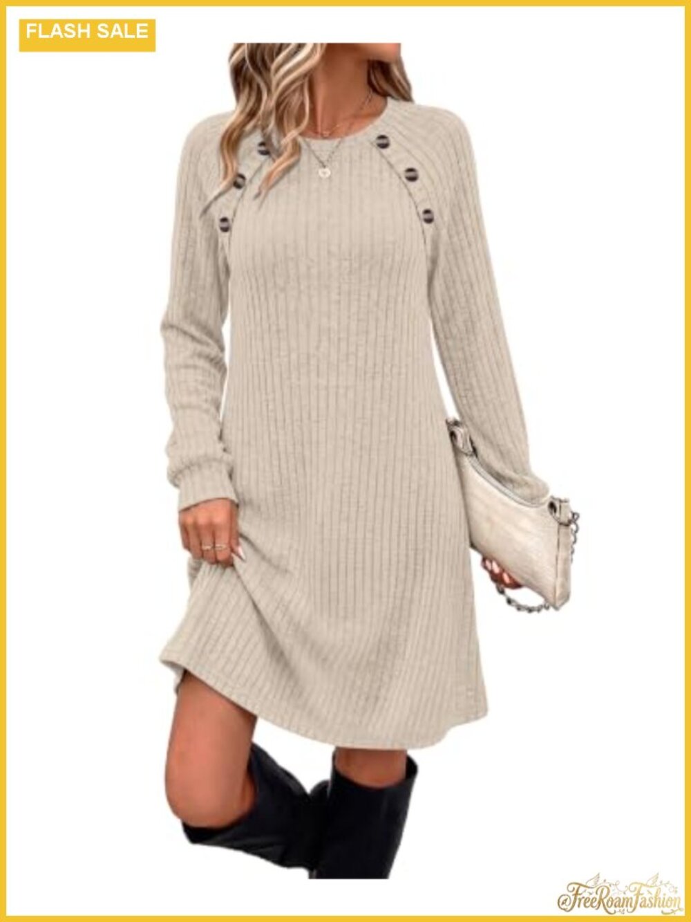 Women's Ribbed Knit Long Sleeve Dress with Pockets Crew Neck